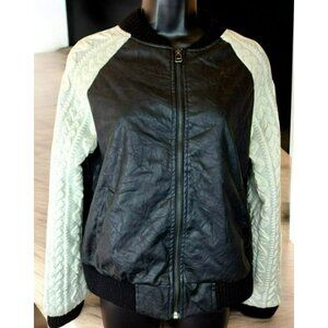 Double Zero Womens Small Black Faux Leather Jacket Cream Cable Knit Sleeves